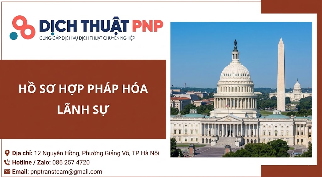 Banner giới thiệu dịch vụ chuẩn bị hồ sơ hợp pháp hóa lãnh sự của công ty Dịch Thuật PNP, kèm hình ảnh Điện Capitol Mỹ và thông tin liên hệ tại Hà Nội.