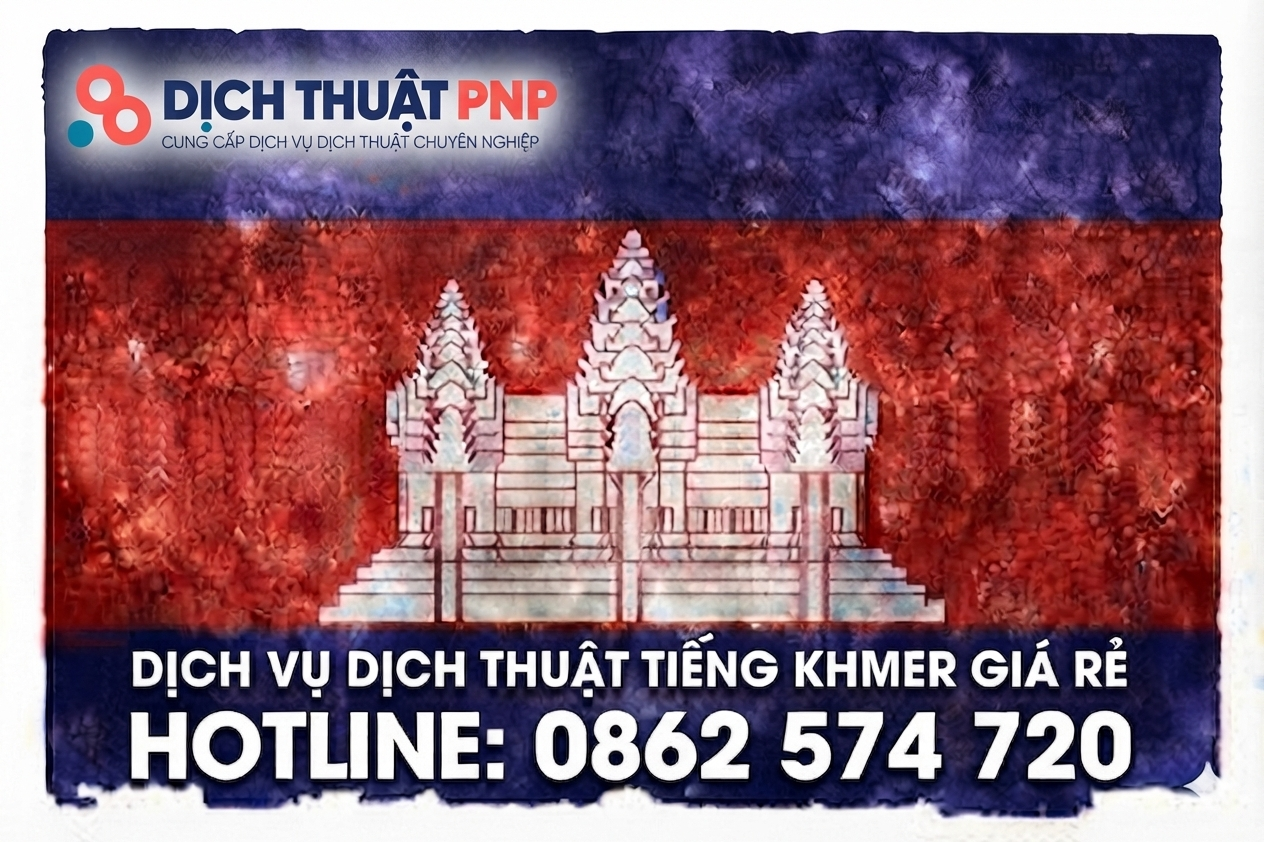 Banner dịch vụ dịch thuật tiếng Khmer giá rẻ của Dịch Thuật PNP, kèm số hotline tư vấn.