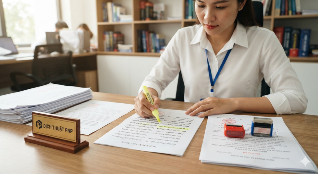Nữ biên dịch viên Dịch Thuật PNP đang kiểm tra, hiệu đính bản dịch công chứng tiếng Khmer chuyên nghiệp trên bàn làm việc.